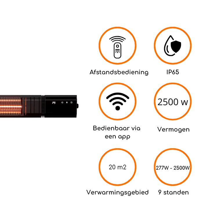 Heatix Wifi Wandmodel Zwart 2500 Watt terrasverwarmer