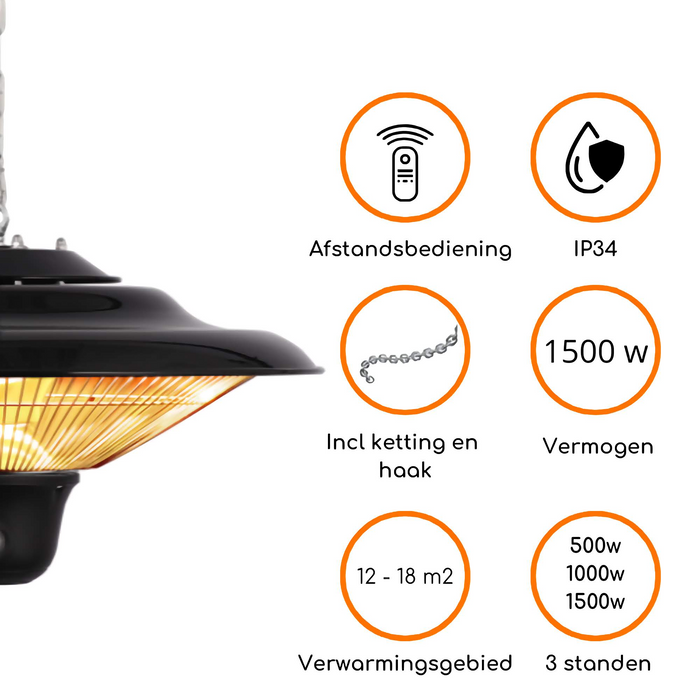 Heatix Hangende Heater Zwart 1500 Watt terrasverwarmer